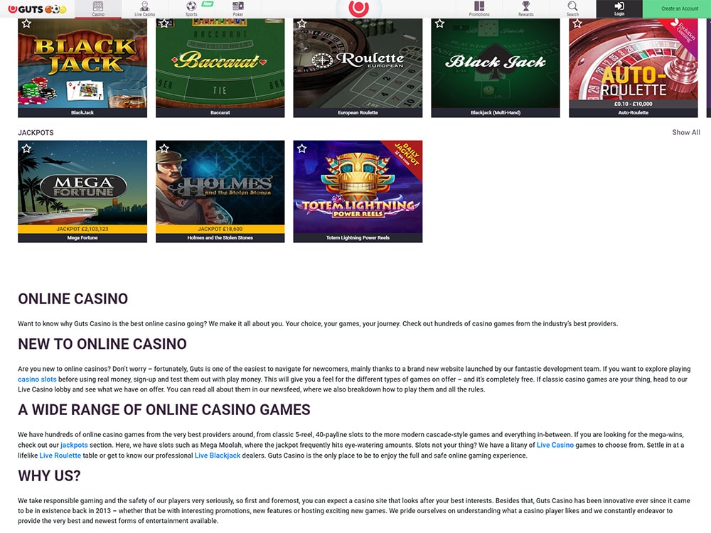 Guts Casino Home Page