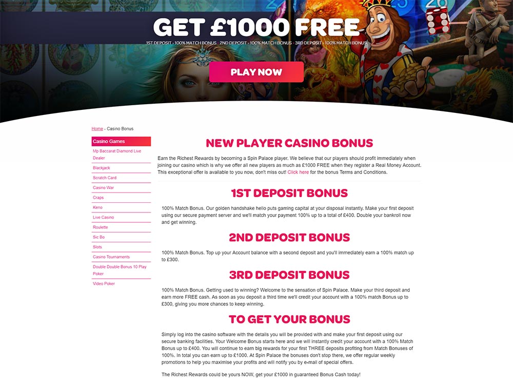 Spin Palace Casino Welcome Bonus Details