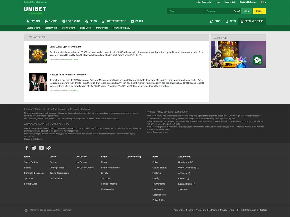 Unibet Casino Special Promotions Page